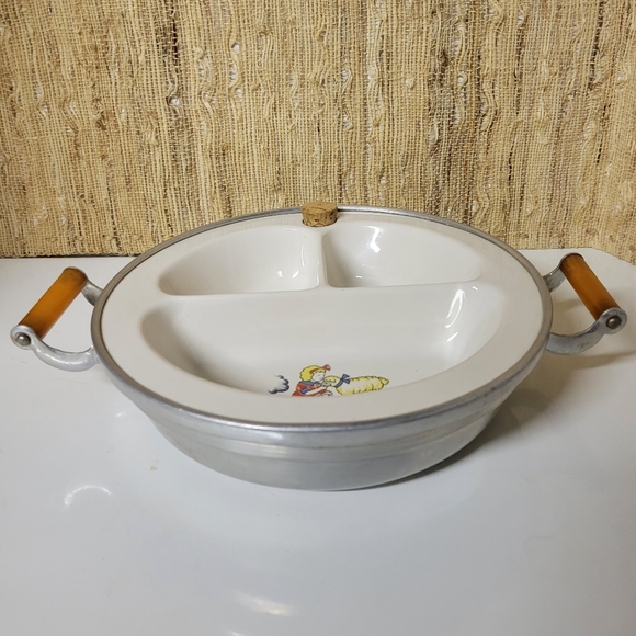 Vtg Metal and Pottery 30s Child's Warmer Sectioned Dish Mary had a Little Lamb - Picture 3 of 4